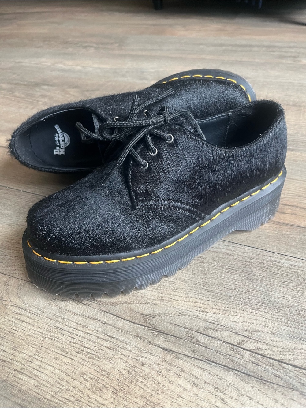 Dr. Martens Black Faux-Hair Platform 3-Eye Oxford with Yellow Stitching